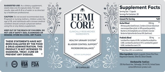 FemiCore supplement facts label showing a 350 mg herbal blend and a 50 mg probiotic blend per capsule