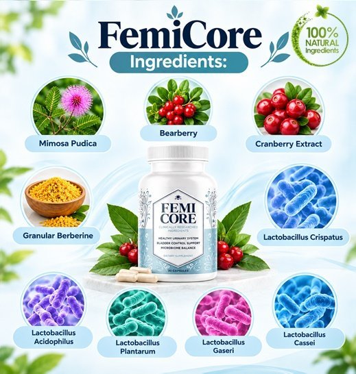 FemiCore ingredients: Mimosa pudica, cranberry, bearberry, berberine and Lactobacillus probiotics